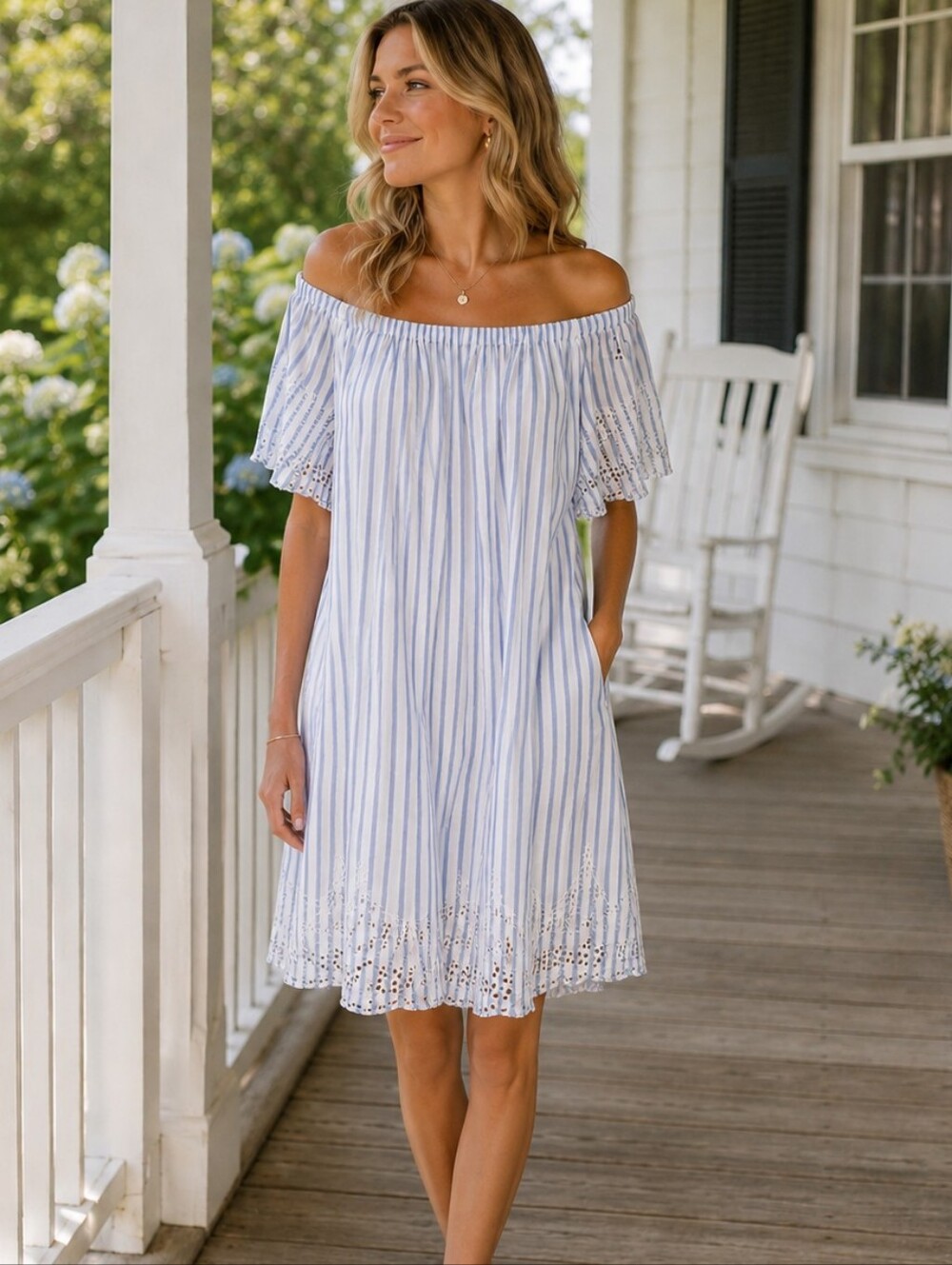 ELLOS Eye Let Lace 100% Cotton Pinstripe Dress